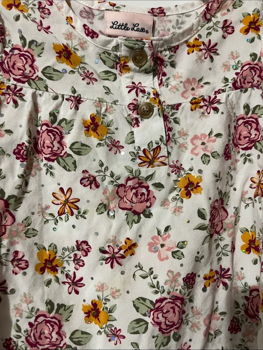 Little Lass White Floral Long-Sleeve Blouse with Pink & Yellow Flowers